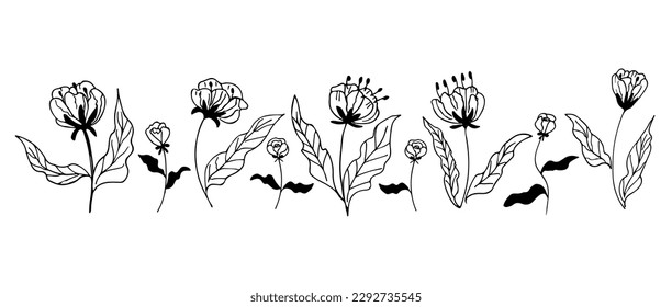 Big set of rose flowers, buds, leaves and stems in doodle style. Hand drawn realistic open and unblown rosebuds. Decorative vector elements for tattoo, greeting card, wedding invitation.