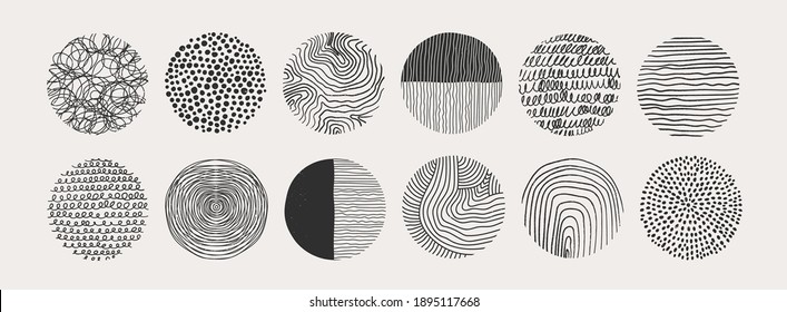 Большой набор круглых абстрактных черных фонов или узоров. Рисованные формы каракулей. Пятна, капли, кривые, линии. Современная современная модная векторная иллюстрация. Плакаты, шаблоны иконок для социальных сетей