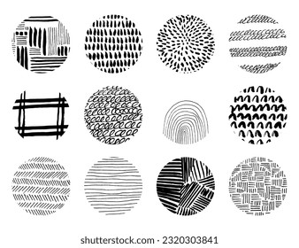 Big Set of round Abstract black Backgrounds or Patterns. Hand drawn doodle shapes. Spots, drops, curves, Lines. Contemporary modern Vector isolated illustration. Posters, Social media Icons templates