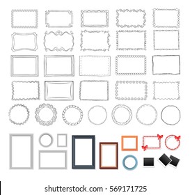 Big set of round, black and colourful rectangular frames. Vector illustration of doodle antique hand drawn frameworks with curved borders and modern realistic framings with and without decorations.