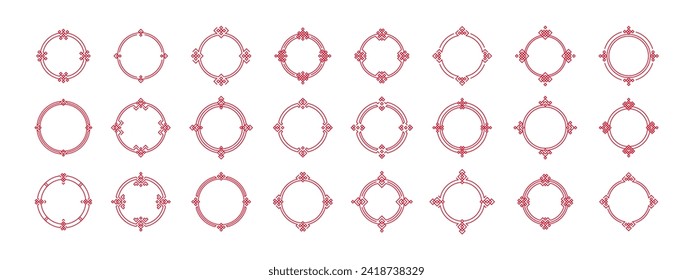 Big Set of round Chinese frame corners. Traditional Asian pattern. Vector illustration isolated on white background. Japanese, Korean and Chinese circle