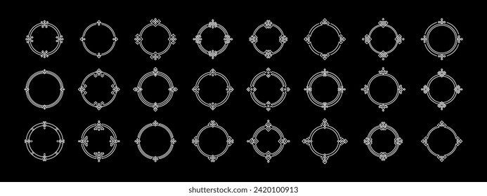 Big Set of round Chinese frame corners. Traditional Asian pattern. White vector illustration isolated on black background. Japanese, Korean and Chinese circle