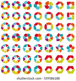 Big set of round circular and hexagonal banner templates with multiple option choices and 2, 4, 5, 6, 7, 8 separate parts. EPS10 vector illustration.