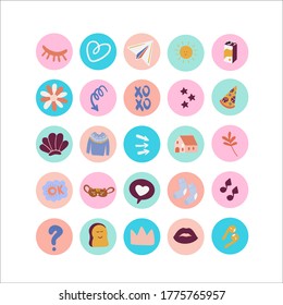 Big set of round color stickers in vector with cute pictures.