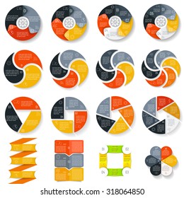 Big set of round connected infographic diagrams. Circular connected charts with 3, 4, 5, 6 options. Paper progress steps for tutorial, manual. Business concept sequence banner. EPS10 workflow layout.