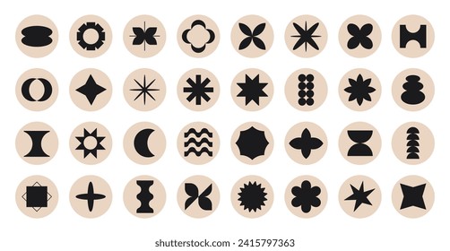 Big set of round geometric retro stickers. Trendy y2k brutal contemporary icons. Various geometric figures. 
