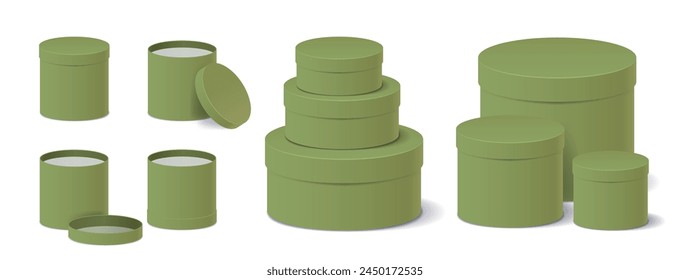 Big set of round green cardboard boxes in isolated background. Vector tube packaging