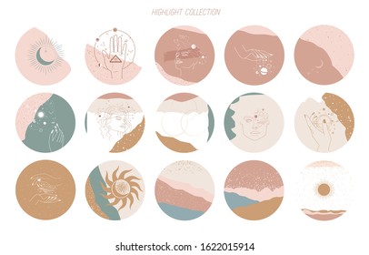 Big set of round icons for social media stories. Abstract various vector highlight covers with mystical and astrology objects, woman face, space objects in one line style. Vector illustration.