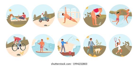 Big Set of round icons Summer performing various activities. People going to hiking, doing yoga, diving, fishing. Flat Art vector Illustration.