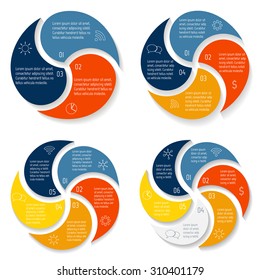 Big set of round infographic diagrams. Circular charts with 3, 4, 5, 6 options. Paper progress steps for tutorial. Business concept sequence banners. EPS10 workflow layout collection.