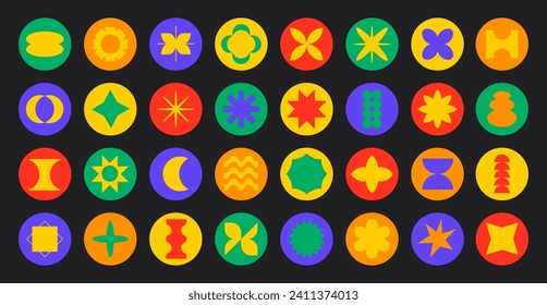 Big set of round retro stickers. Trendy y2k icons with abstract colorful shapes. Vector illustration.