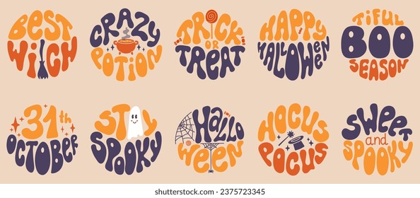 Big set round shapes lettering for Halloween in retro colors in flat vintage style of 60s 70s. Trendy groovy print design for posters, cards, tshirts.