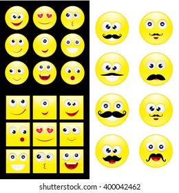Big set round, square emoticons with mustaches. Vector, EPS 10 for your design and business