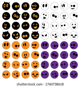 Big set of round stickers with faces for Halloween. Pumpkins, bats, ghosts and monsters with different emotions: joy, curiosity, fear, surprise, horror, fun, sadness, happiness.