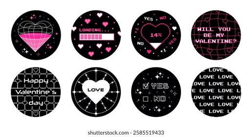 Big set of round stickers for Valentine's Day in y2k style. Vector design elements for scrapbooking