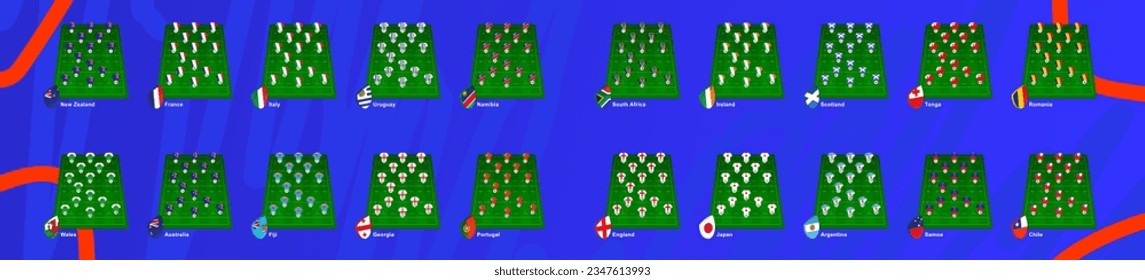 Big set of rugby field with player position, all participants of international championship 2023. Vector collection.