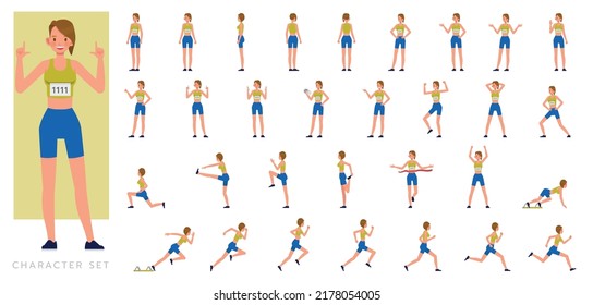 Big Set of Runner woman character vector design. Presentation in various action with emotions, running, standing and walking.