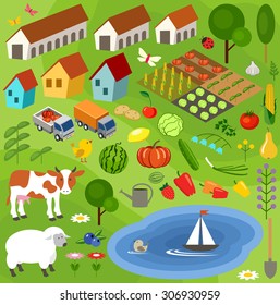 Big set of rural farmer elements. Fields, animals, plants. Subjects can be used for games. Vector illustration