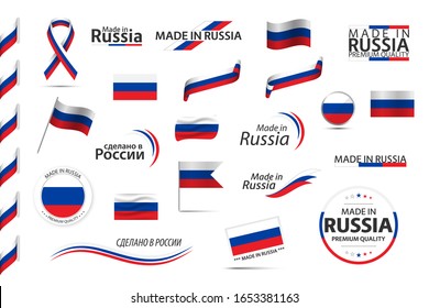 Big set of Russian ribbons, symbols, icons and flags isolated on white background, Made in Russia, Welcome to Russia, premium quality, Russian tricolor, set for your infographics and templates