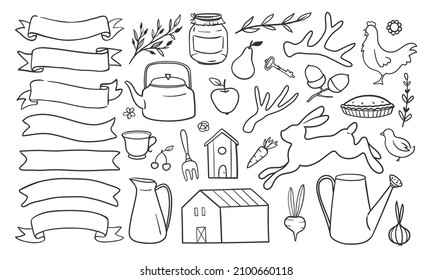 Big set of rustic farm scene doodles, ribbons, animals, leaves and florals. Vector illustration. 