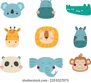 Big set сute safari animal faces. Design for baby clothes, notebooks, posters. Vector illustrations in cartoon style