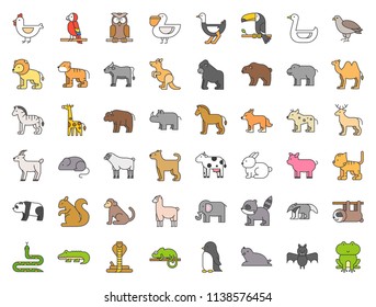 Big set of safari, arctic, forest animal and bird such as tiger, seal, camel, sloth, kangaroo, frog, pelican, parrot, toucan icon, filled outline icon