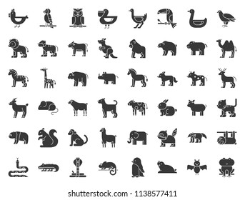 Big set of safari, arctic, forest animal and bird such as tiger, seal, camel, sloth, kangaroo, frog, pelican, parrot, toucan icon, solid icon
