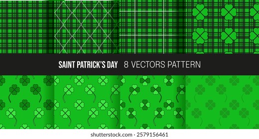 Big Set Saint Patrick's Day Wrapping paper template design. Collection Patrick fabric seamless pattern. Minimal Geometric wallpaper. Perfect vector Wrap textile wall decor print. EPS 10	