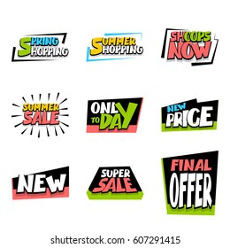 Big set sale advertising web label comic text badge. Vector colorful illustration offer price, discount. Special offer colored tag. Summer sale, Spring, Winter sticker rates. Final offer, new price.