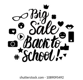 Big set Sale Back to school. Lettering inscription. Vector illustration isolated on white background.