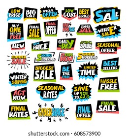 Big set sale comic text advertising web label badge. Collection vector illustration offer best price and discount. Special offer tag colored paper banner for print. Summer, Spring, Winter sticker rate
