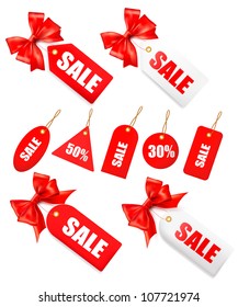 Big set of sales tags with red gift bow and ribbons. Vector illustration