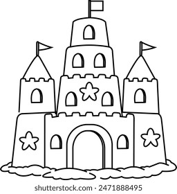 Big Set Sand castle Vector illustration isolated on white background. Simple illustration for coloring book
