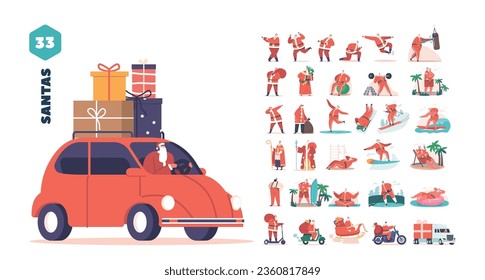Big Set Santa Claus Character. Cartoon Father Noel Driving Car With Presents On The Roof, Dancing, Boxing, Doing Sport