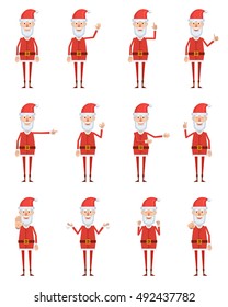 Big set of Santa Claus characters showing different hand gestures. Cheerful Santa showing thumb up gesture, this way, greeting, waving, stop sign, victory hand. Flat style vector illustration