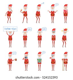 Big set of Santa Claus characters posing in different situations. Cheerful Santa Claus karaoke singing, dancing, sleeping, holding banner, mug of beer and doing other actions. Flat vector illustration