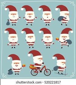 Big set of Santa Claus in different poses with gift bag in cartoon style.