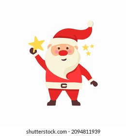 Big set of Santa Claus with present, bag with presents, waving and greeting Christmas and New Year. For Xmas cards, banners, tags and labels. Funny cute cartoon character dancing and running. 