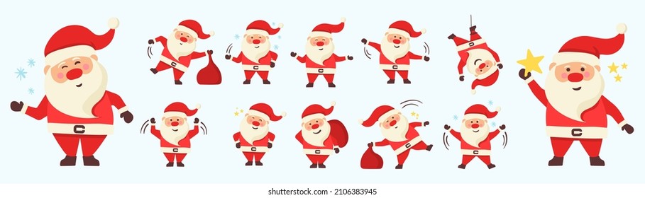 Gran conjunto de Papá Noel con regalo, bolso con regalos, saludando y saludando Navidad y Año Nuevo. El divertido personaje de dibujos animados bailando y corriendo. Para tarjetas de Navidad, carteles, etiquetas y etiquetas.