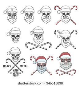 Big set of Santa Claus skulls with candie cones and glasses. New year logo insignia design elements. Vintage Heavy metal party Christmas badge collection. Rock and roll noel t-shirt illustration