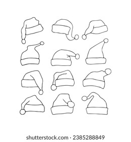 Big set of Santa hats isolated on white background. Winter, New Year, Christmas. Santa's clothes. Festive cap. Vector illustration