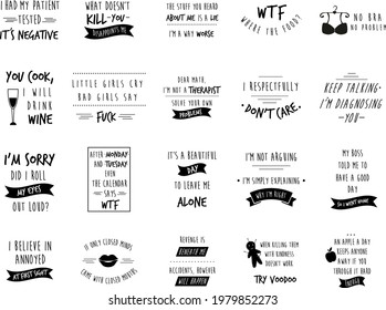 Big set of sarcastic slogans, quotes. Vector illustration for prints, posters, cards, banners. Isolated on white background.