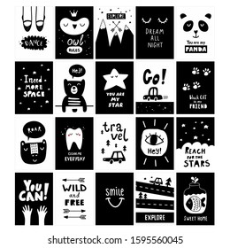 Big set of scandinavian design posters. Black and white cards with cute vector animal characters,nordic prints for postcards and wall decor prints. Modern baby room decoration.