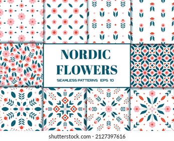 Big set of Scandinavian nordic floral seamless pattern with simple geometric flower elements pastel colors vector illustration