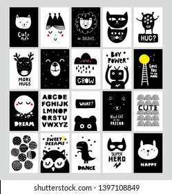 Big set of Scandinavian posters and prints for nursery decor or children room. Vector collection with vector images of animals, monsters and design elements.