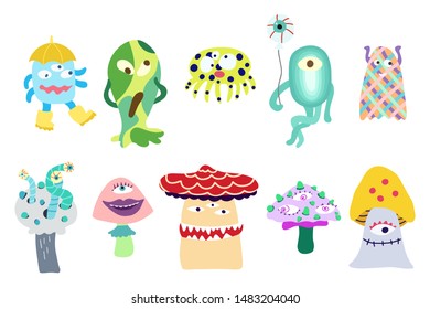 Big set of scary and funny monsters and mushrooms. Halloween greeting card. Hand drawn vector cartoon characters
