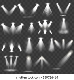 Big set, Scene illumination collection, transparent effects on a plaid dark background. Bright lighting with spotlights.