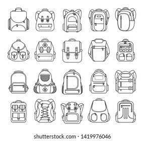 Big set school backpack, sport and travel bag line icon isolated on white background