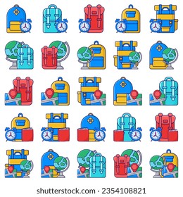 Big set of school backpacks, sports and travel bags different shapes combined flat icons on white background
