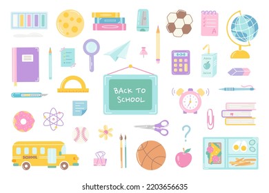 Big set of school elements, accessories for study. Back to school. Vector flat illustration on white background.